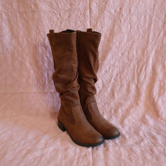 White Mountain Shoes - White Mountain Knee High Brown Suede Zip Up Boots With Heel
